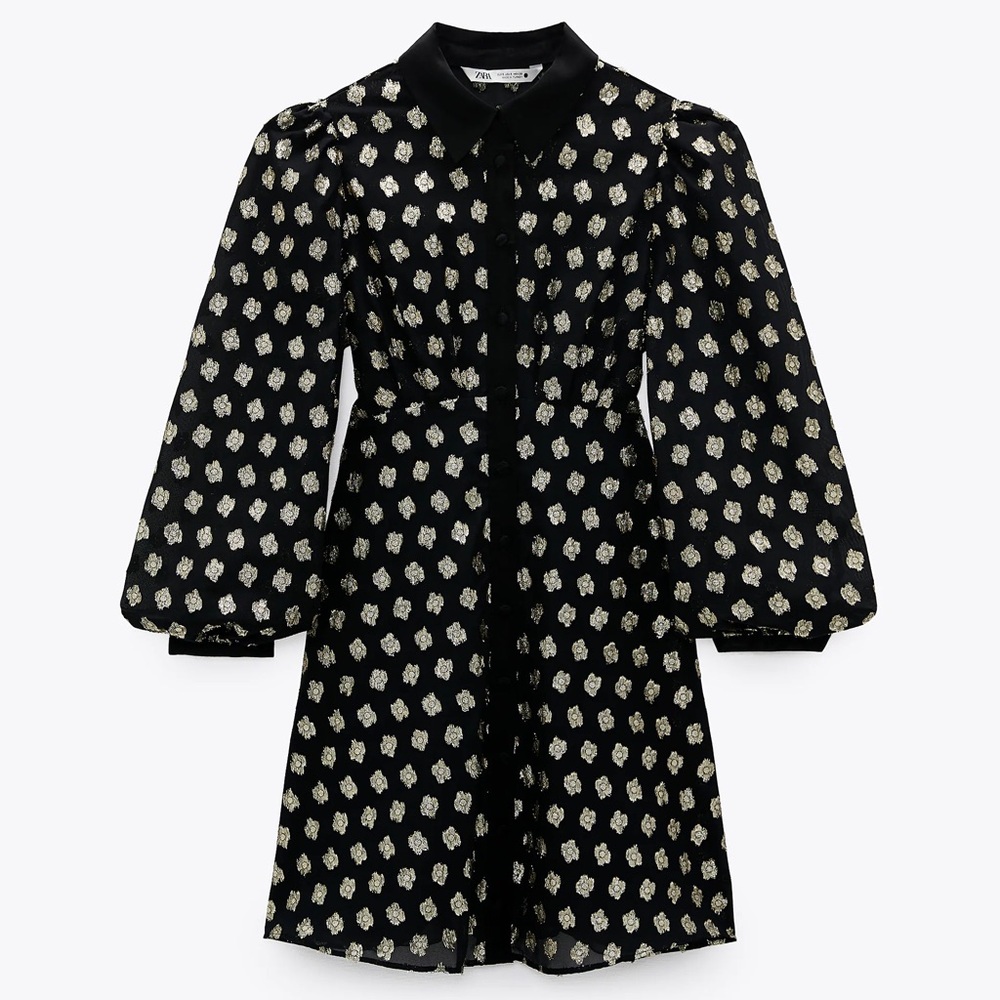 NWT ZARA Metallic Gold Thread Black Shirt Dress